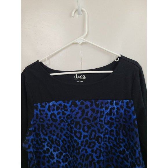 Denim & Co Black Blue Leopard Print 3/4 Sleeve Tunic Top Size Large - Picture 2 of 6